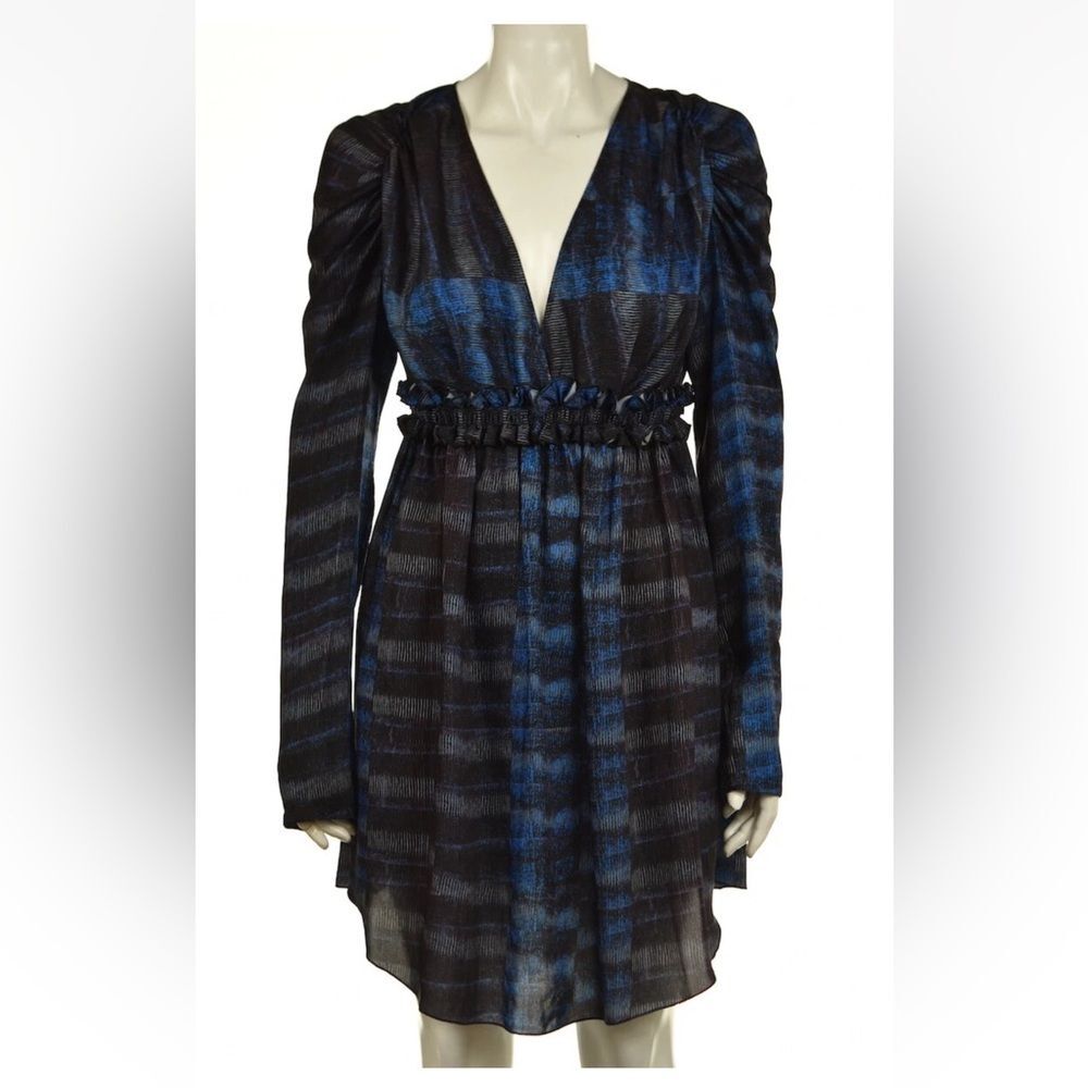 See By Chloe Women’s V-Neck Hi-Low Dress Long Sleeve Black & Blue Print Sz. 8